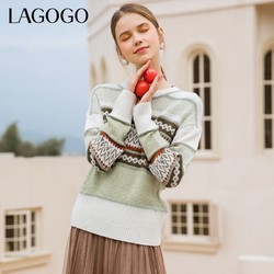 La·go·go 拉谷谷 Lagogo2021新款圆领亮丝撞色设计针织衫女KCMM47XA38