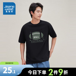 JEANSWEST 真维斯 2023男装潮流短袖T恤休闲舒适时尚印花上衣YU 黑色2010 175/96A/M