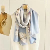 上海故事真丝丝巾女秋冬款围巾高档桑蚕丝绸披肩丝巾 丝韵百合 蓝紫