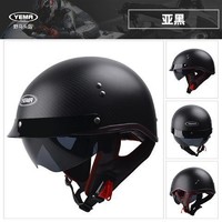 野马（YEMA）电动摩托车头盔男女四季通用个性碳纤维半覆式复古机车帽 亚黑 L