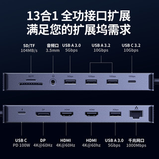 13合Type-C拓展坞（USB3.2*2、USB-C3.2、USB3.0*2、HDMI*2、DP、 千兆网口、SD卡槽、TF、3.5mm音频、PD100W）