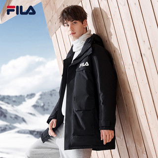 FILA 斐乐男子中长款羽绒服冬季时尚字母印花连帽保暖外套