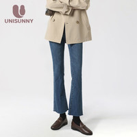 unisunny裤子春秋季外穿直筒牛仔裤小个子九分微喇叭裤孕中晚期装 深蓝 M【90～115斤】