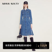 MISS SIXTY牛仔连衣裙女polo领单排扣褶边复古气质 中蓝 S