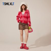TSMLXLT TT潮牌针织开衫毛衣女龙年本命年外套条纹红色v领上衣