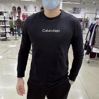 卡尔文·克莱恩 Calvin Klein CK男装 男子长袖上衣休闲透气圆领纯棉打底长袖T恤 黑色 S