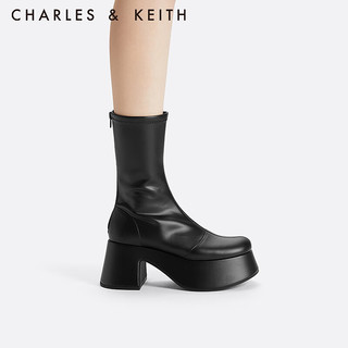 CHARLES&KEITH23冬季时尚弹力短靴瘦瘦靴女CK1-90580180 Black Box黑色 39