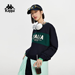 Kappa 卡帕 复古运动套头衫2023女短款针织卫衣拉绒字母长袖K0D82WT05 暗夜蓝黑-906 L