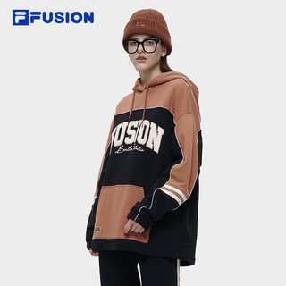 FILA FUSION欧阳娜娜同款女子针织连帽上衣2023冬宽松撞色卫衣 正黑色-BK 160/80A/S