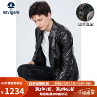 Navigare意大利小帆船真皮皮衣男黑色翻领外套时尚羊皮大衣 暗夜黑 L/50