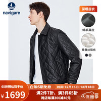 Navigare意大利小帆船桑蚕丝高档男士外套羊皮革翻领皮衣 暗夜黑 XL/52