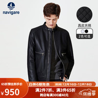 Navigare【内里夹棉】意大利小帆船真皮皮衣男冬季立领羊皮夹克厚款外套 黑色 L/50