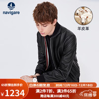 Navigare意大利小帆船真皮皮衣男士羊皮外套棒球领时尚皮夹克 暗夜黑 M/48