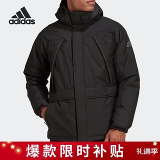 移动端、京东百亿补贴：adidas 阿迪达斯 连帽羽绒服男冬季运动服黑色GK0667 A/L