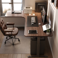 WZO 实木胡桃色转角升降书桌L型书房电动电脑桌智能拐角家用办公桌