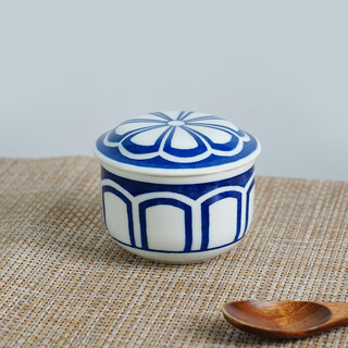 美浓烧 Mino Yaki）日式餐具唐草盖碗甜品碗水果碗沙拉碗日本陶瓷碗 家用 蓝绘菊纹炖盅杯
