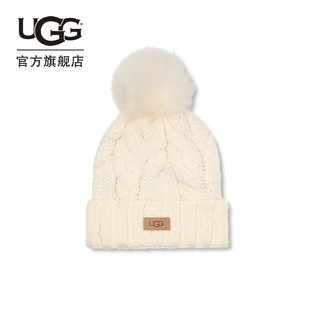 UGG冬季女士舒适保暖毛球针织帽毛线帽麻花纹帽 22589 NMB  光晕白色