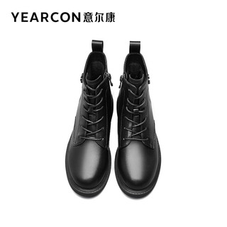 YEARCON 意尔康 女鞋 潮流女靴冬季加绒保暖马丁靴女简约侧拉链短筒靴子女 黑色 40