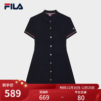 FILA 斐乐女子织连衣裙2023冬基础简约休闲POLO领裙子 传奇蓝-NV 160/80A/S