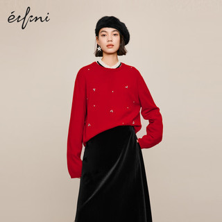 伊芙丽（eifini）伊芙丽圆领钉钻针织套头红色毛衣女2023冬装新年氛围感百搭上衣女 红色 170/95CM/XL