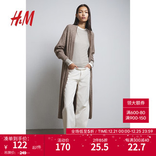 H&M 女装针织衫时尚气质细密罗纹针织长开衫1087033 混深米色