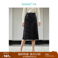 茵曼（INMAN）新中式半身裙女高腰压褶流苏钉扣磨毛显瘦裙子18332315 牛仔黑 M