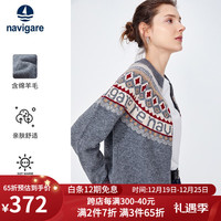 Navigare意大利小帆船圆领羊毛衫女士2023弹力秋装保暖开衫毛衣 草灰/红 L