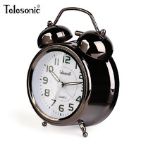 天王星（Telesonic）打铃闹钟起床儿童简约床头钟金属超大声桌面时钟 黑银款4寸