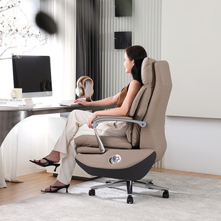 GUQUAN 顾全 电动老板椅可躺午休办公椅人体工学电脑椅家用班椅M1505浅咖皮