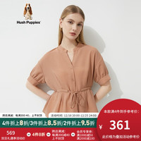 Hush Puppies暇步士女装夏V领抽绳雪纺短袖衬衫女 120驼色 L