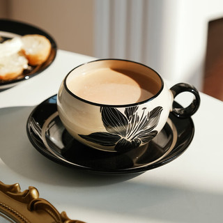 摩登主妇摩罗影像系列 咖啡杯碟家用下午茶马克杯陶瓷水杯复古杯子 复古百合杯碟-墨黑色