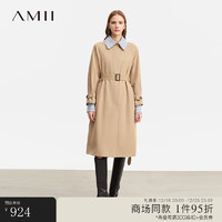 AMII通勤撞色条纹翻领配腰带假两件长款风衣女上衣外套 卡其 155/80A/S