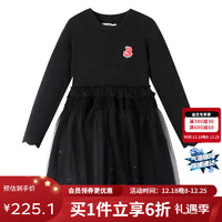 安奈儿童装儿童长袖毛衣连衣裙女童时尚网纱拼接新年款 黑色 160