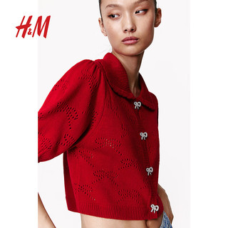 H&M【新年系列】女装毛针织衫2024春季泡泡袖开衫1213183 奶油色 155/76A