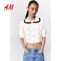 H&M【新年系列】女装毛针织衫2024春季泡泡袖开衫1213183 奶油色 155/76A