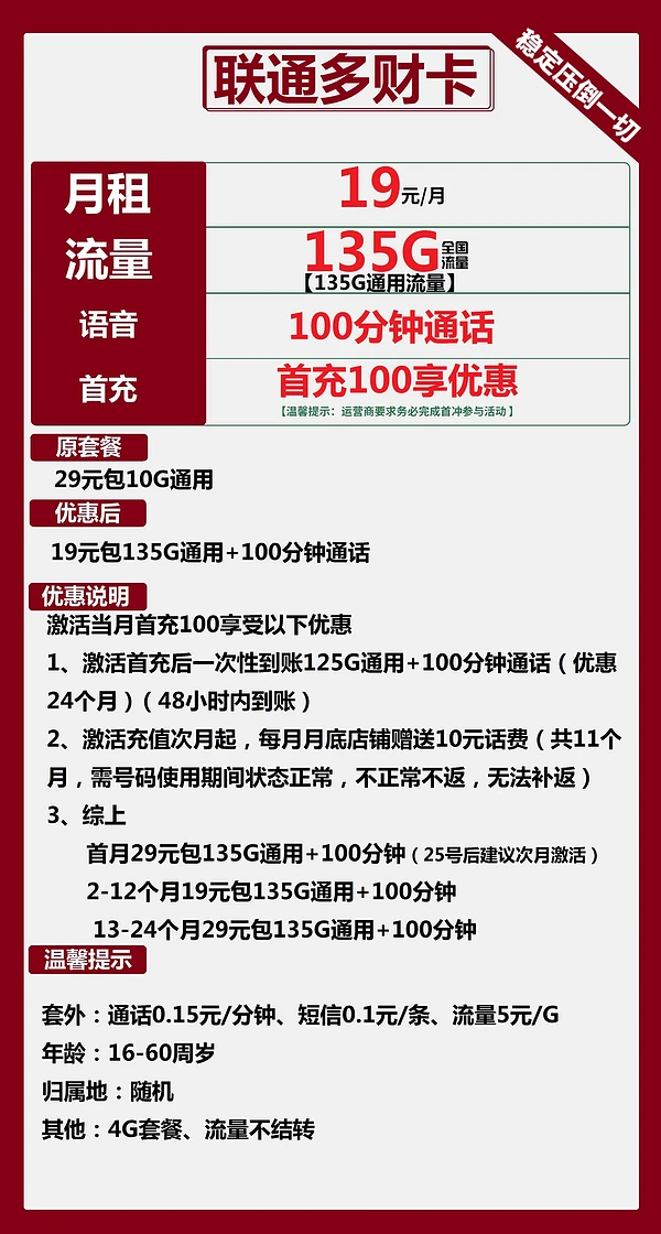 China unicom 中国联通 多财卡 19元月租 （2-12月19元，135G通用流量+100分钟通话）激活返30元