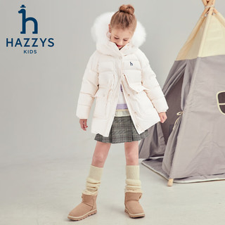 哈吉斯（HAZZYS）品牌童装女童羽绒服冬保暖抑菌防静电连帽中长款羽绒服 奶油色 105