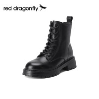 红蜻蜓 马丁靴女2023冬季短靴加绒厚底增高靴子英伦风黑色百搭女靴
