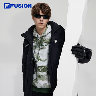 FILA FUSION斐乐潮牌长款羽绒服男时尚休闲连帽外套上衣 正黑色-BK 185/104A/XXL