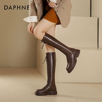 达芙妮（DAPHNE） 长筒靴女冬美拉德长靴加绒系带显瘦骑士靴女靴子 百搭棕色骑士靴【单里款】 37