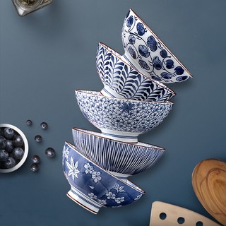 美浓烧 餐具陶瓷碗日式家用米饭碗餐具套装礼盒 5英寸蓝绘5件套