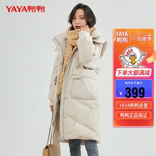 YAYA 鸭鸭羽绒服 鸭鸭（YAYA）羽绒服女中长款连帽大口袋宽松时尚秋冬加厚外套女潮 米色 L