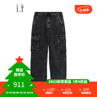 izzue it 男装工装牛仔长裤酷感型男宽松直筒裤6514W BKX/黑色 S