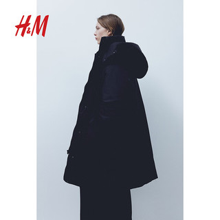 H&M女装舒适宽松休闲连帽大廓形夹棉大衣1182316 黑色 155/76A