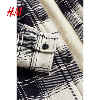 H&M男装衬衫冬季柔软斜纹棉布泰迪绒衬里外套式衬衫1072992 奶油色/黑色格纹 175/108A