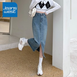 JEANSWEST 真维斯 开叉牛仔半身裙女冬季水洗柔软中长款高腰a字裙复古蓝L