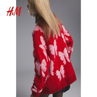 H&M【新年系列】女装毛针织衫2024春季毛茸提花开衫1213187 红色/蝴蝶结 155/76A