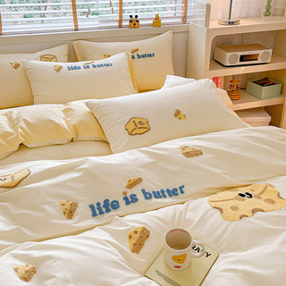 南极人（home）水洗棉床上四件套纯色床单被套床笠单人宿舍双人家用床品三套件 饼干熊 1.5-1.8m床单四件套/被套200*230