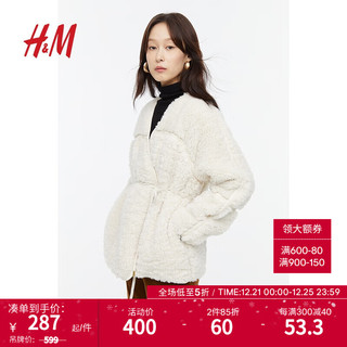 H&M女装时尚休闲百搭腰部系带毛茸外套1220166 自然白 165/96A