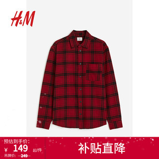 H&M 2023秋季新品男士标准版型法兰绒衬衫1196862 红色/黑色格纹 175/100A